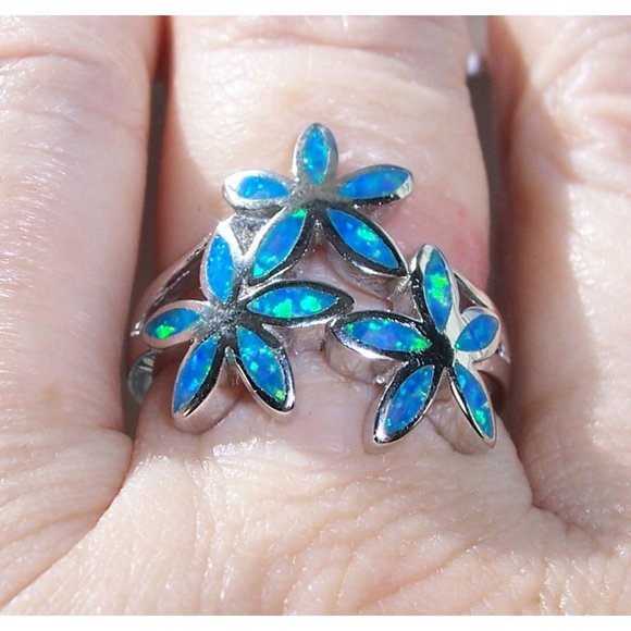925 STERLING SILVER Lab Created Blue Fire Opal Plumeria Ring - Picture 5 of 15